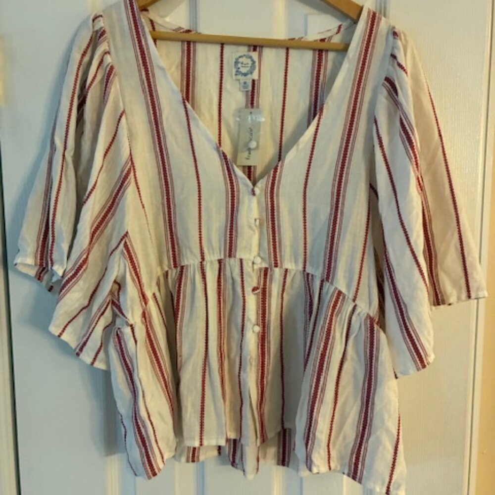 Blue Rain Women's NWT Cotton Blend Cream Red Embroidery Boho Festival Top Sz XL